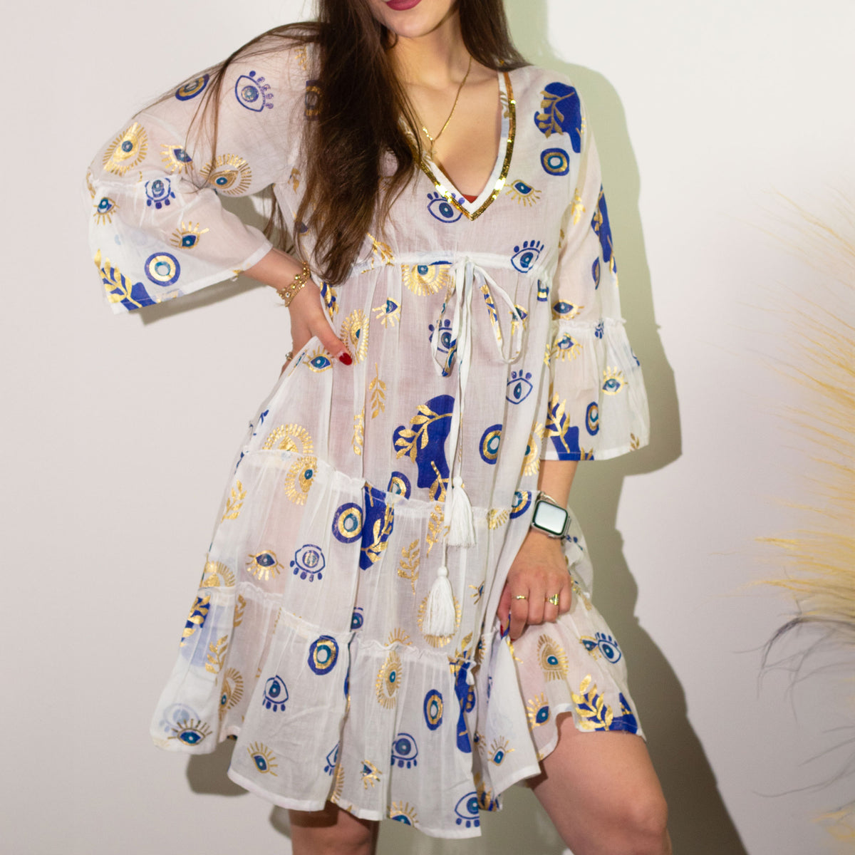 White L/XL cotton Nomad Sari dress with hand-painted blue and gold Evil Eye motifs