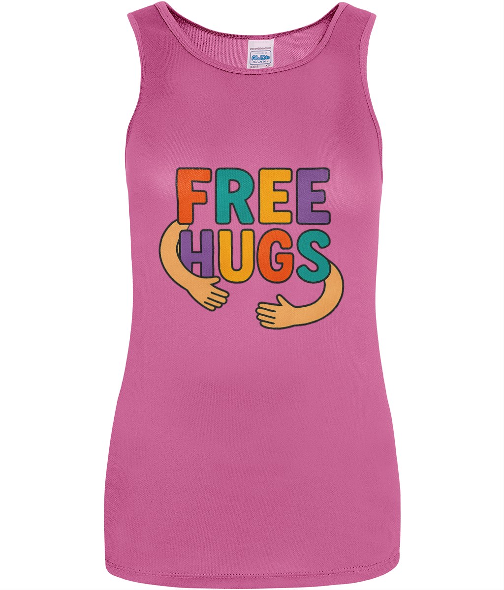 Women's Cool Vest Free Hugs - two arms hugging the words Free Hugs in bright varied colours on the front of a pink vest top