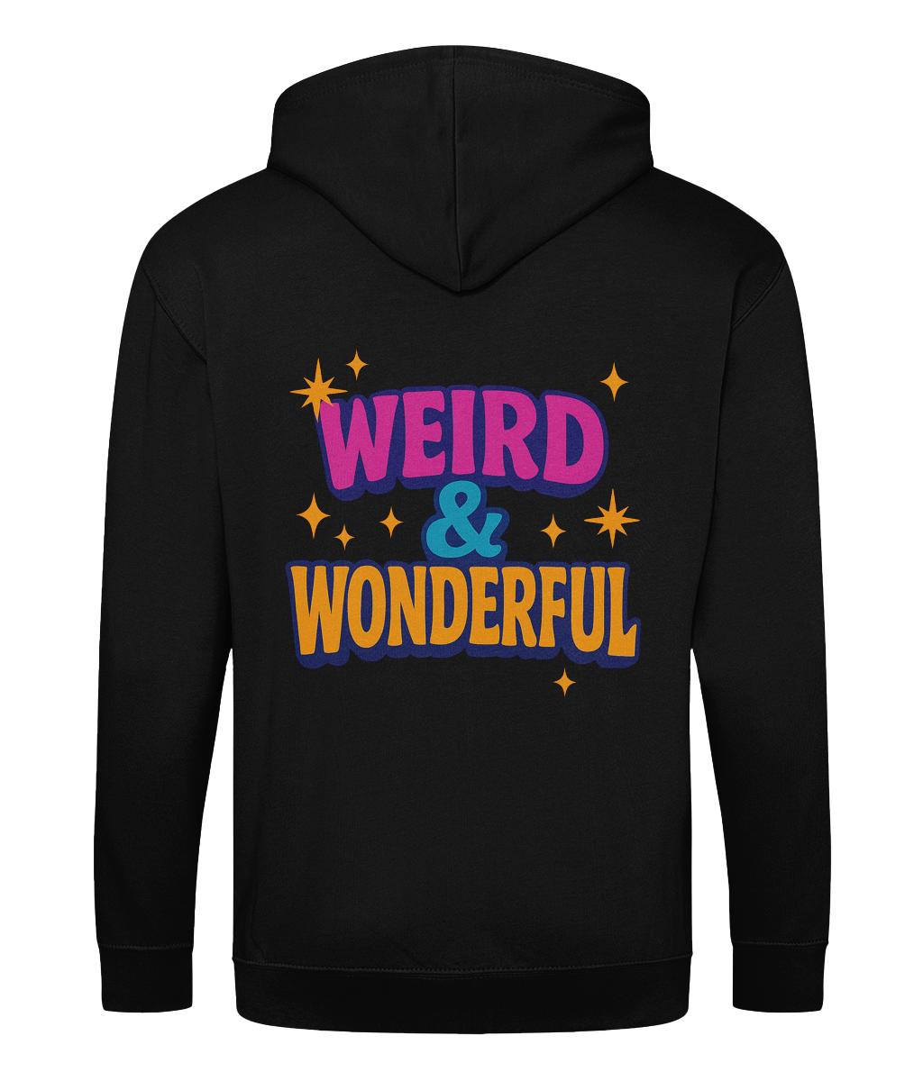 Zoodie Weird & Wonderful – thew words Weird & Wonderful colourfully emblazoned on the back of a black hoodie