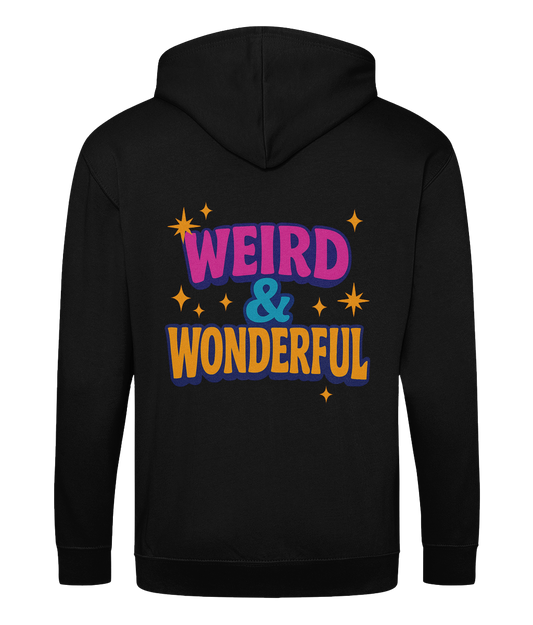 Zoodie Weird & Wonderful – thew words Weird & Wonderful colourfully emblazoned on the back of a black hoodie
