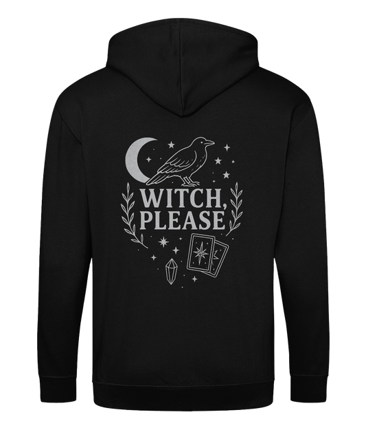 Zoodie Witch Please - Plainly simple Witch , Please, exclaimed in silver, along with a raven, crescent moon and tarot cards, on the back of a black hoodie
