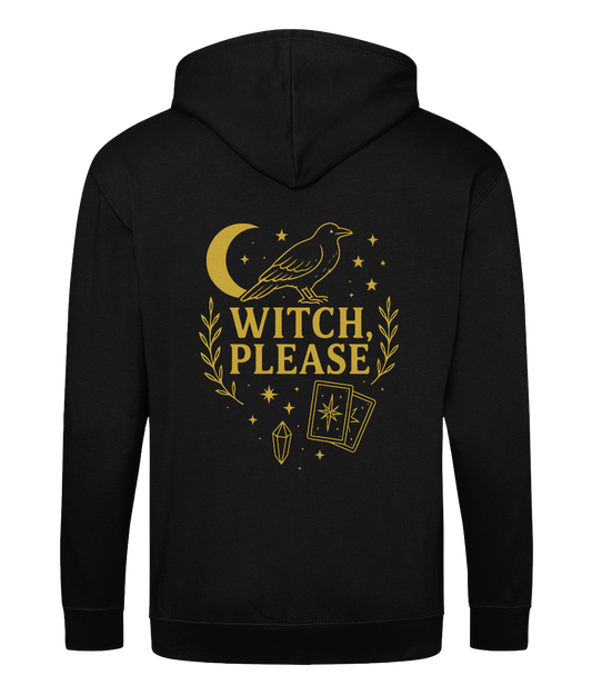 Zoodie Witch Please - Plainly simple Witch , Please, exclaimed in gold, along with a raven, crescent moon and tarot cards, on the back of a black hoodie