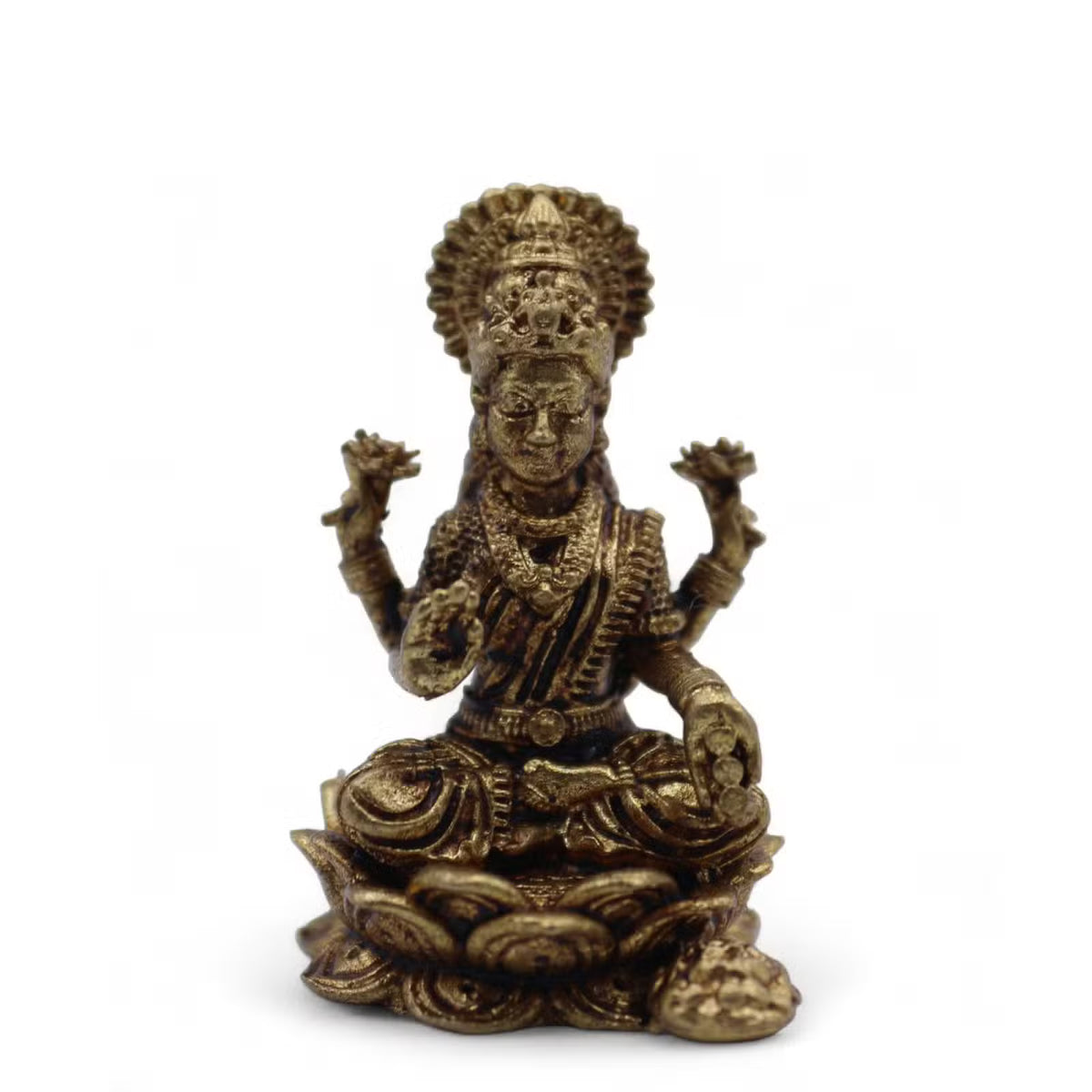 Miniature brass Lakshmi goddess figurine seated on lotus base 30mm spiritual ornament UK