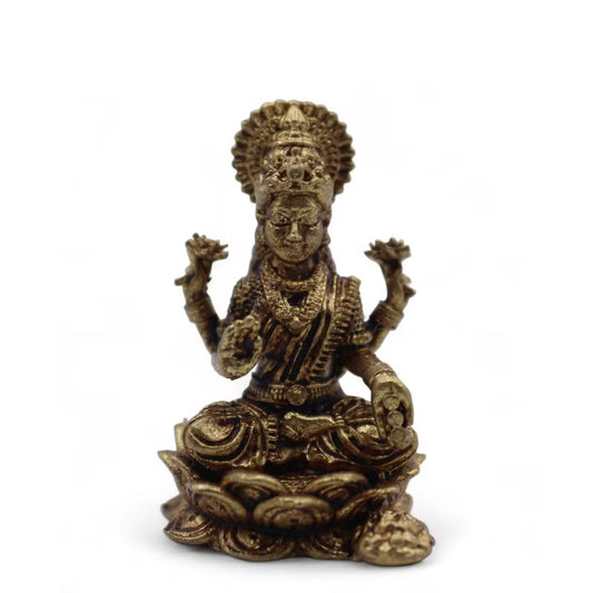 Miniature brass Lakshmi goddess figurine seated on lotus base 30mm spiritual ornament UK