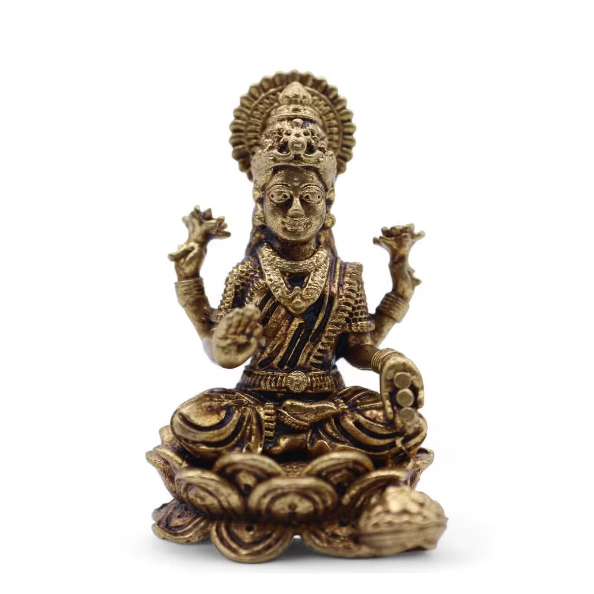 Brass Lakshmi prosperity goddess figurine seated on lotus base 37mm Hindu deity ornament UK