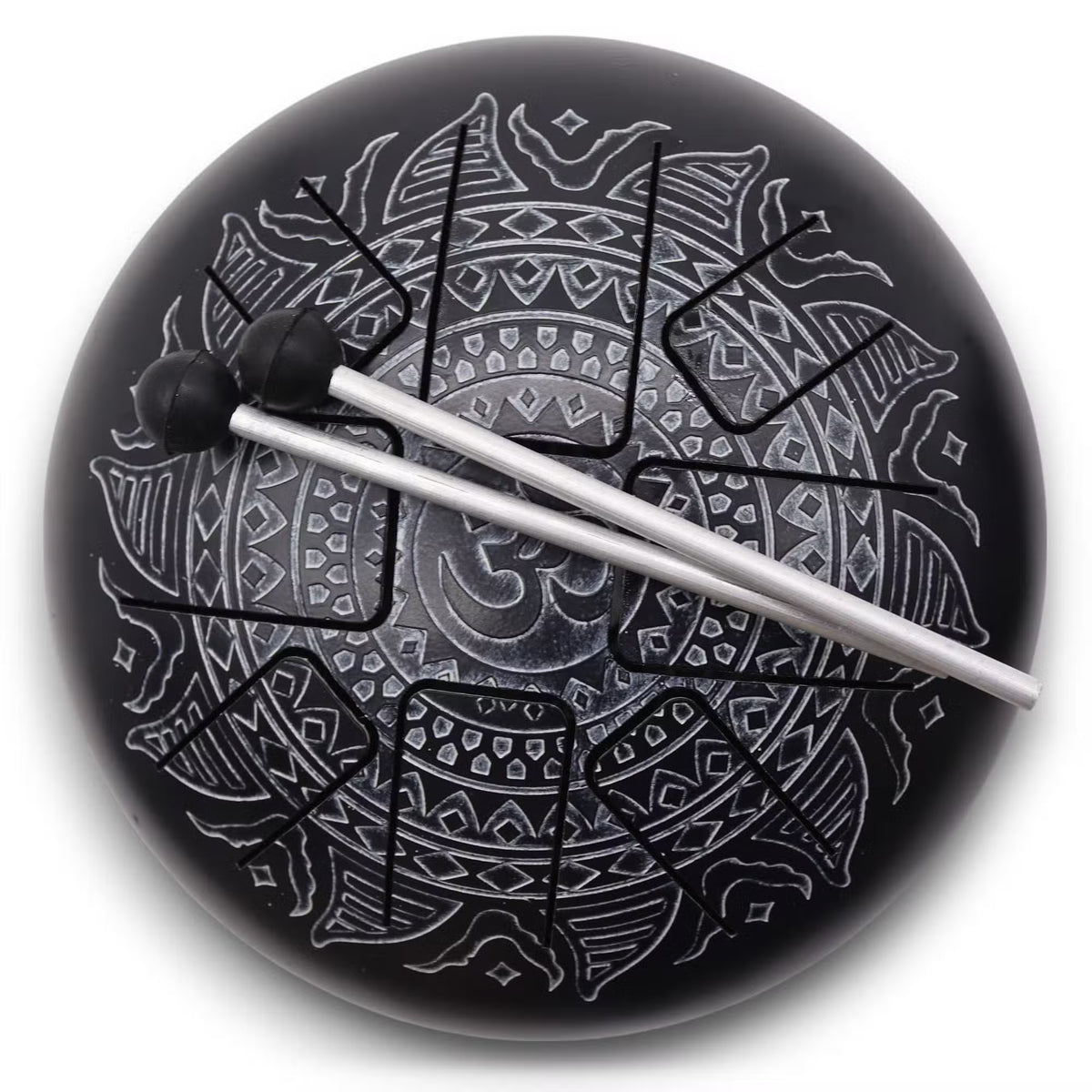 Medium Om Mandala engraved HAPI steel tongue drum with eight tuned tongues, two wooden mallets and patterned carry bag