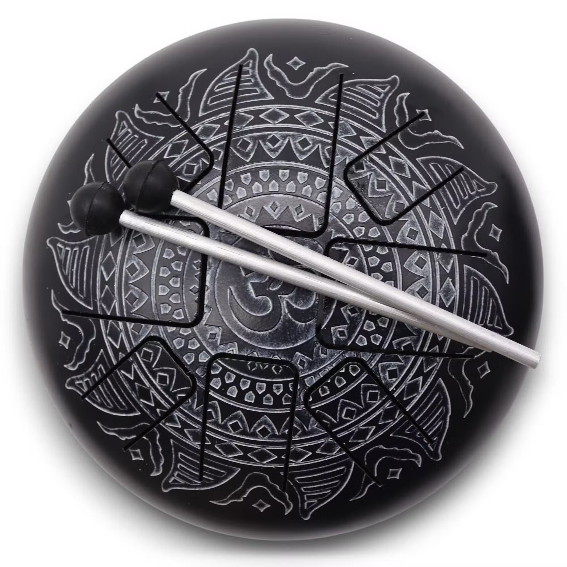 Medium Om Mandala engraved HAPI steel tongue drum with eight tuned tongues, two wooden mallets and patterned carry bag