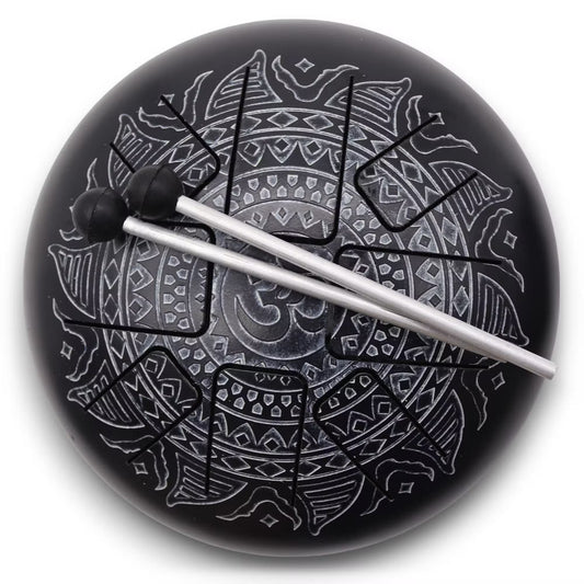 Medium Om Mandala engraved HAPI steel tongue drum with eight tuned tongues, two wooden mallets and patterned carry bag