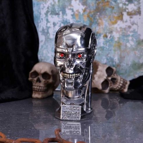 Terminator 2 T-800 head storage box with red eyes, Cyberdyne plaque and metallic display base