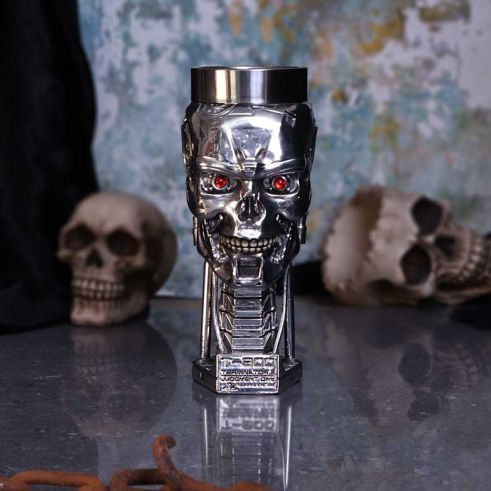 Terminator 2 T-800 head goblet with metallic endoskeleton skull and removable stainless-steel insert