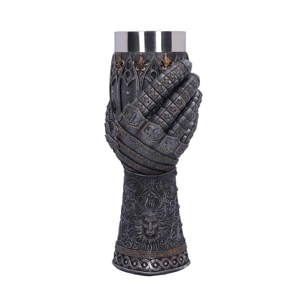 A gray, heavily ornamented cup has a stainless steel interior and an exterior designed to look like an armored gauntlet is clutching it, sitting against a white background.