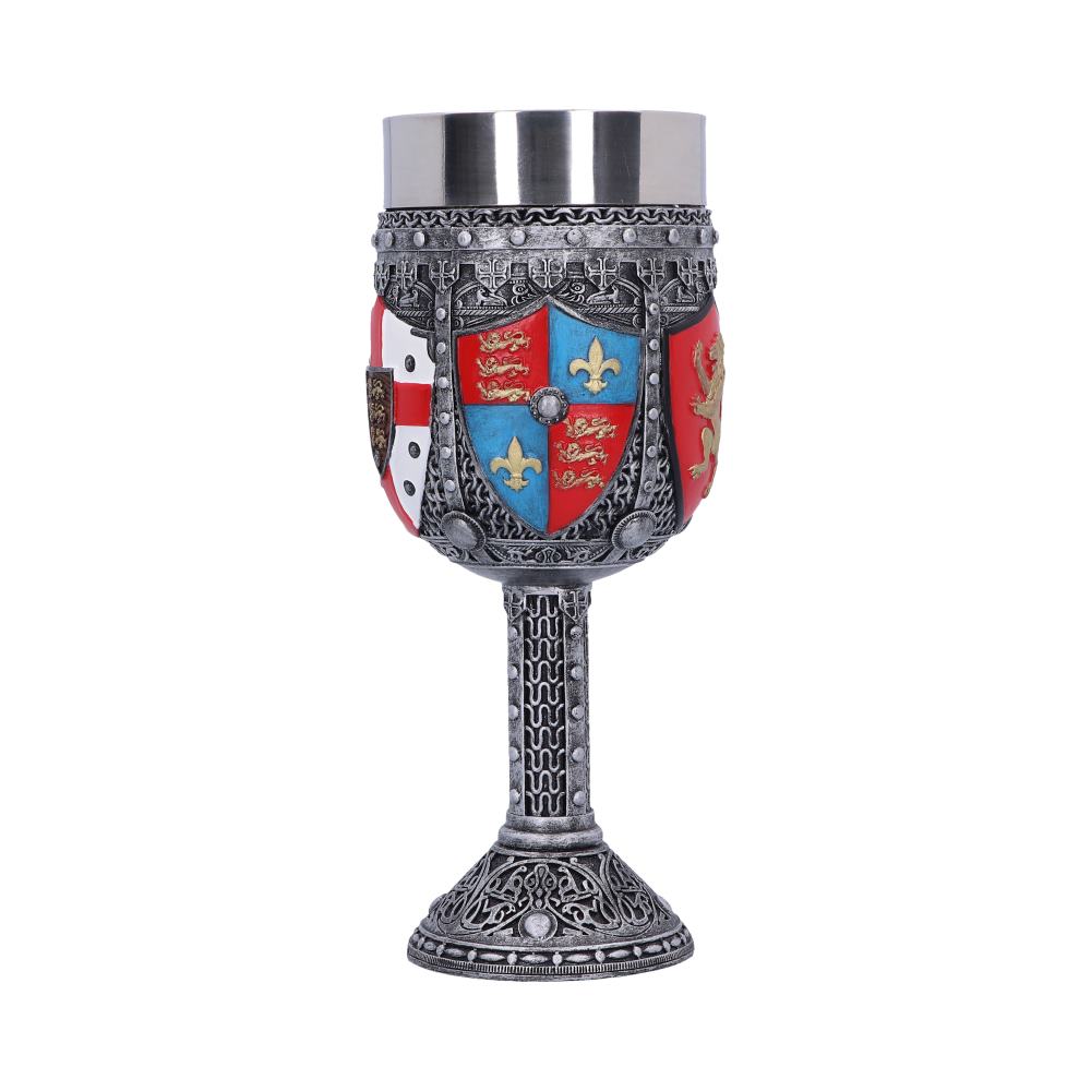 A decorative medieval goblet stands upright. It features a stainless steel cup, a coat-of-arms-themed body, and a serpentine stem, on a white background.