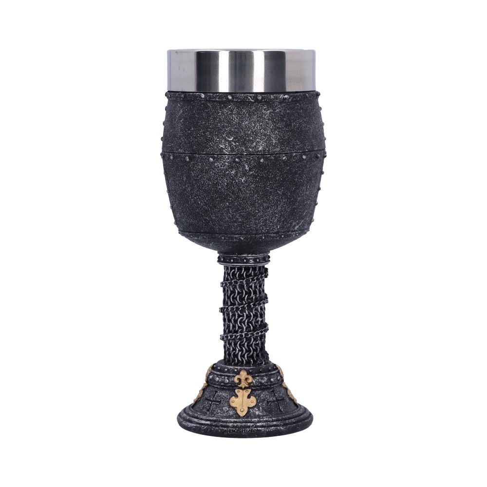 A metal goblet sits on a white background. The cup has a silver top, a textured, barrel-shaped body, a chain-mail stem, and a flared base with fleur-de-lis detailing.