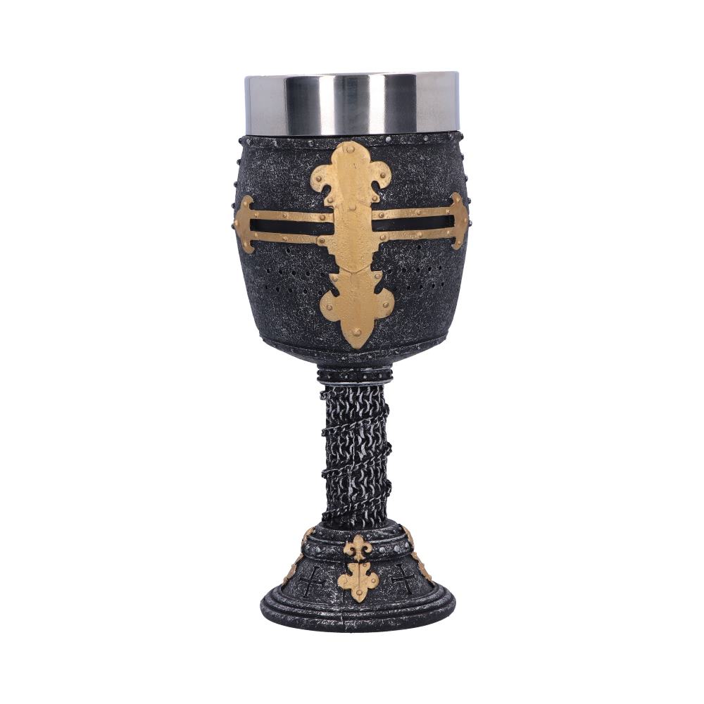 A decorative goblet, resembling a knight's helmet with a golden cross, stands against a white backdrop. Its stem is designed to look like chainmail.