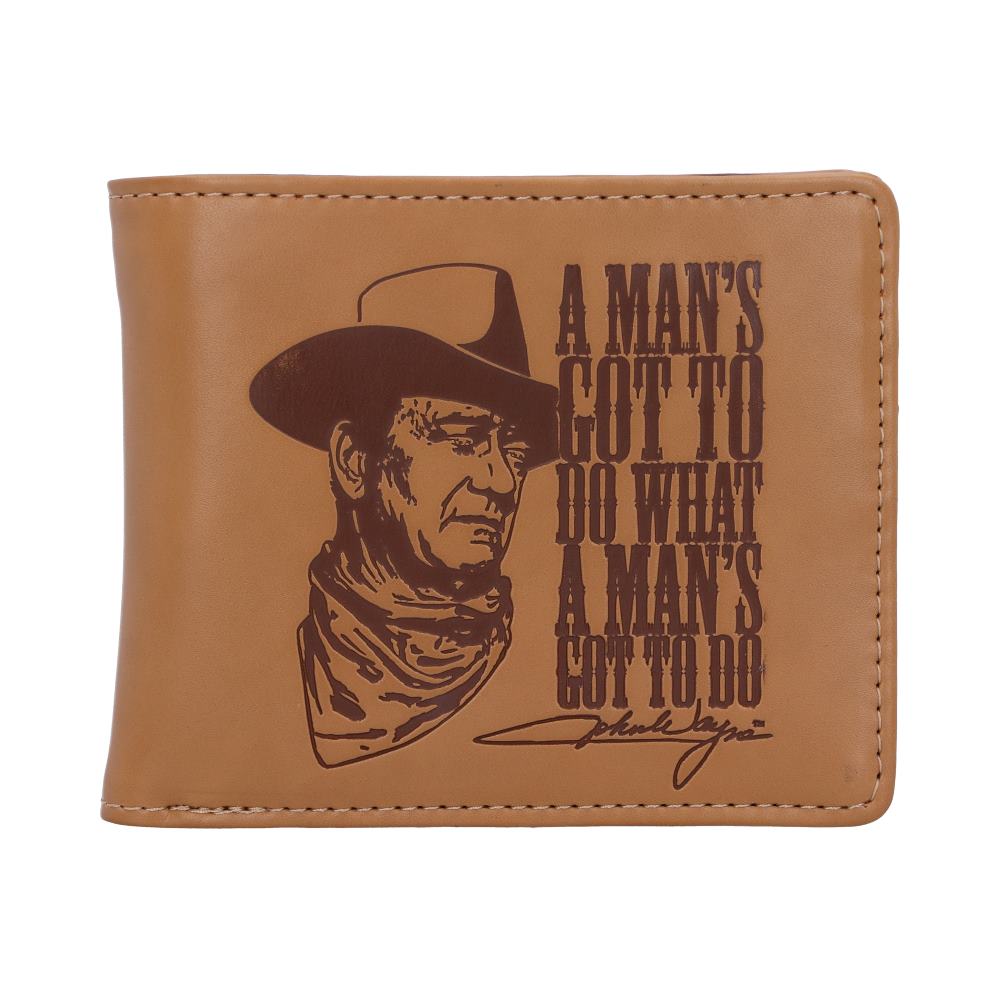 Brown leather wallet featuring a portrait of a cowboy in a hat, with text: "A MAN'S GOT TO DO WHAT A MAN'S GOT TO DO" and a signature below.