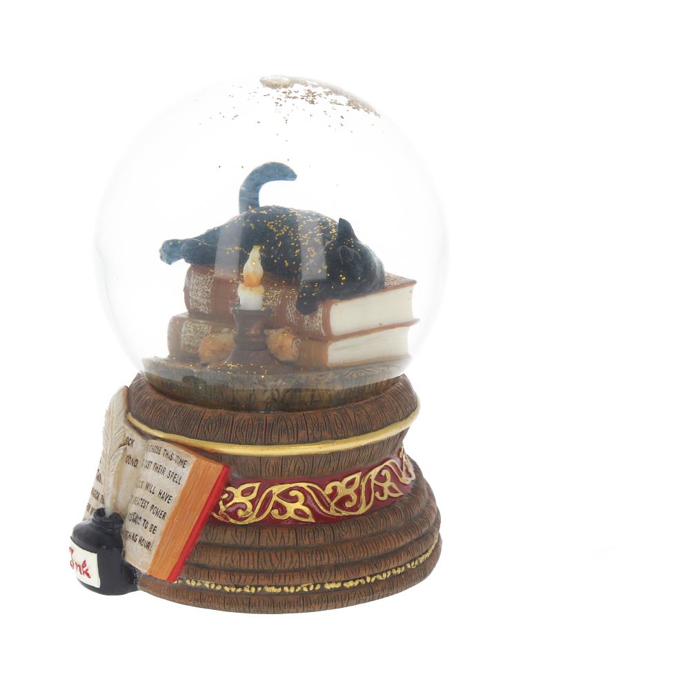 A black cat sleeps on stacked books within a snow globe, next to a small candle. The base shows a book labeled "CHOOSE THIS TIME CONJURE UST THEIR SPELL IT WILL HAVE GREATEST POWER OSING TO BE TAKING HOUR".
