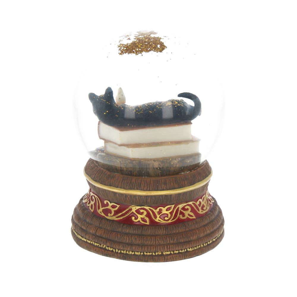 A cat rests atop a stack of books inside a snow globe, a handful of golden glitter sits atop the snow globe which has a brown, decorated base.