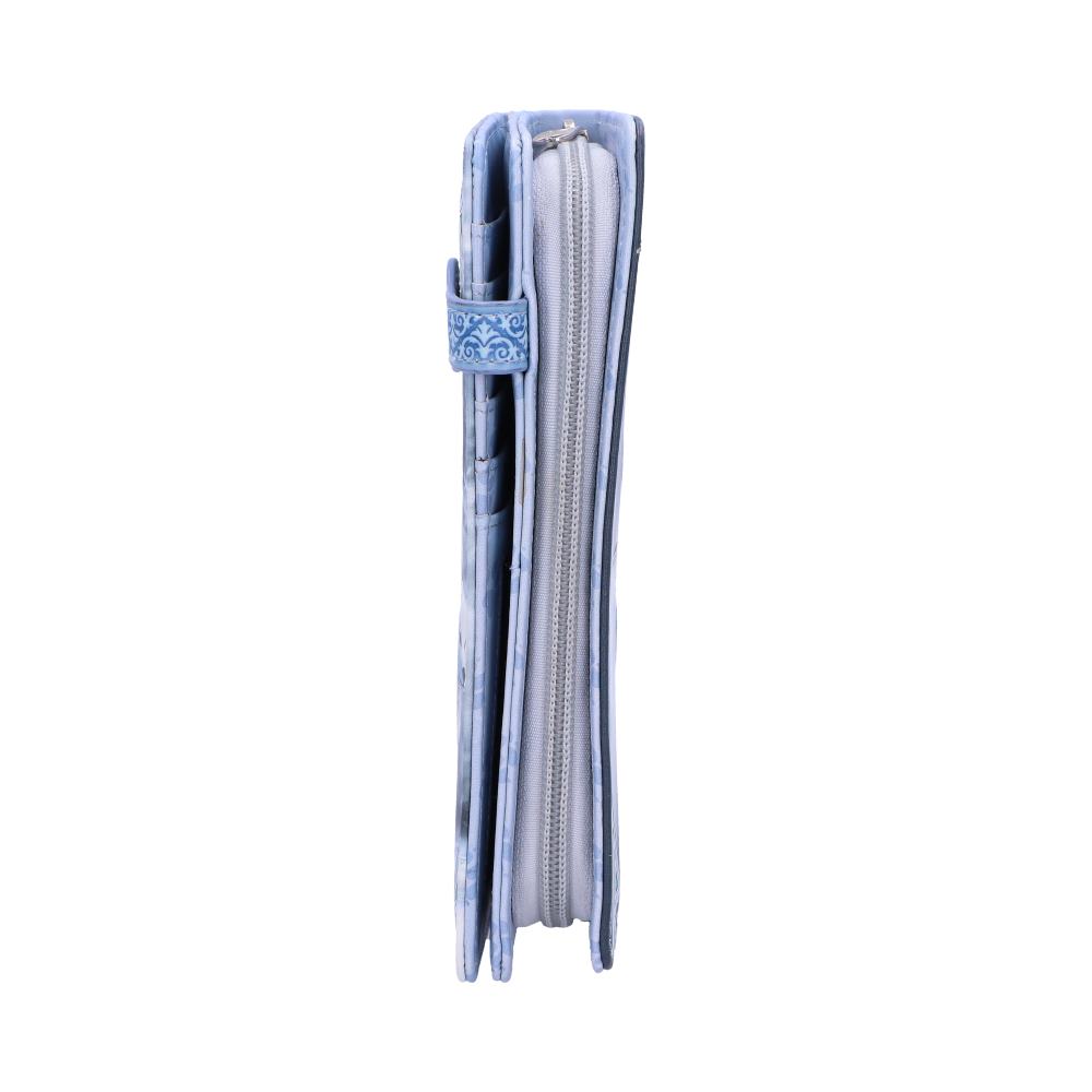 A light blue wallet stands upright, zipped closed, against a white background.  The wallet has a patterned detail on a small tab.
