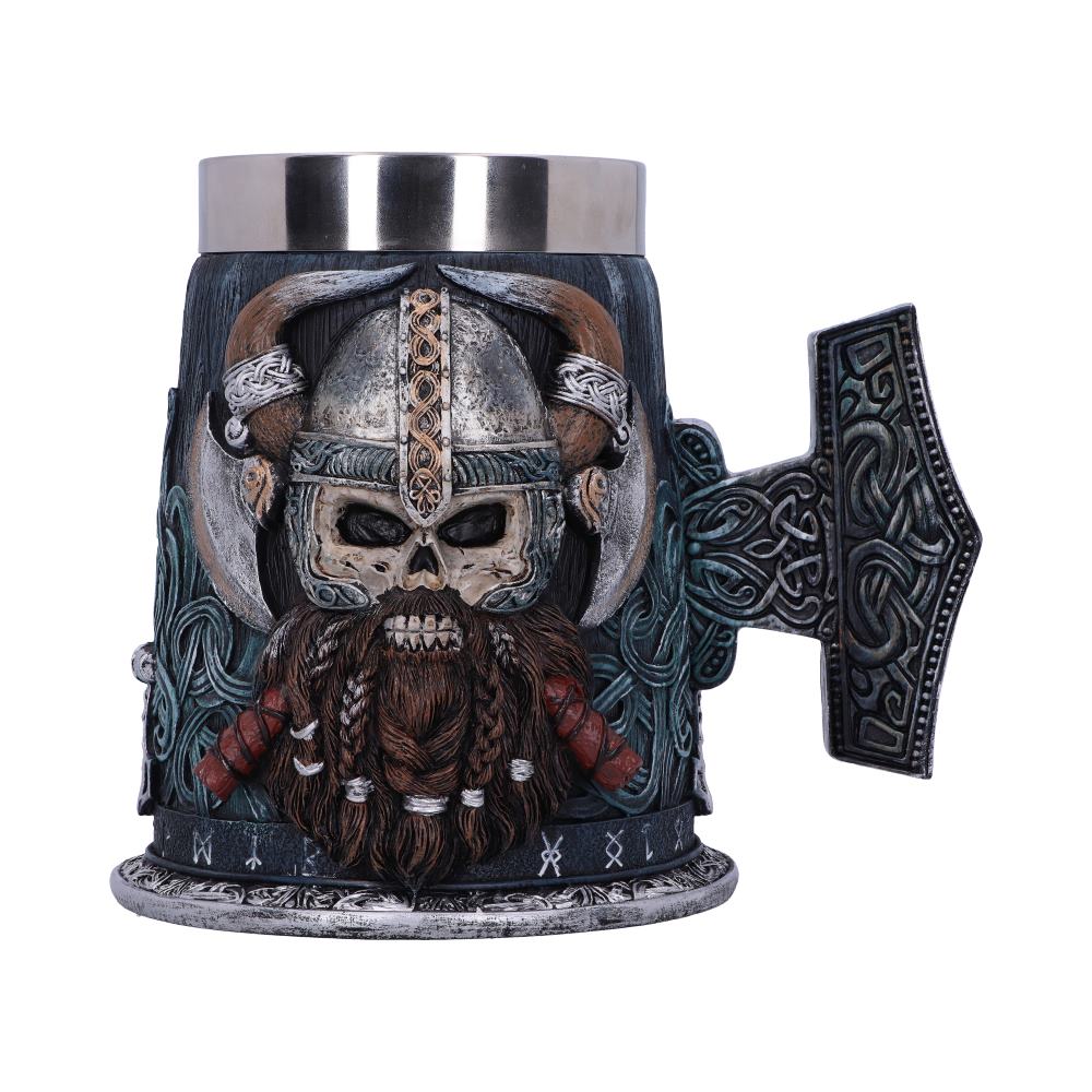A beer stein showcases a horned skull wearing a helmet with crossed axes; the handle is shaped like a hammer. Runes are along the base, with a stylized, aged appearance.