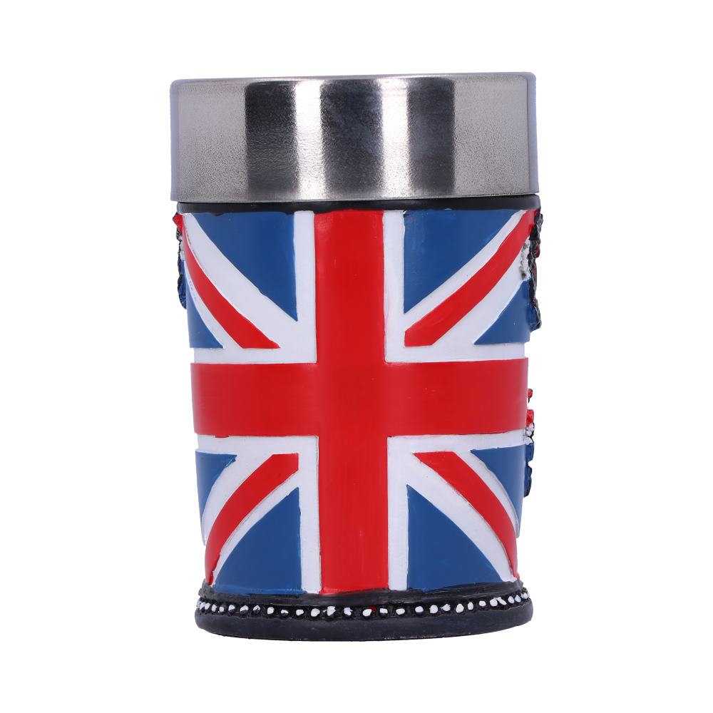 A metal cup displays a prominent Union Jack design, with blue, red, and white colors. It stands against a white background, emphasizing the vibrant pattern.