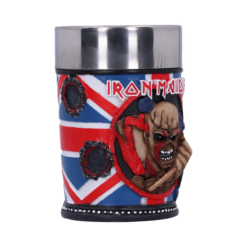 A metal jar featuring a horrifying figure with sharp teeth, set against a British flag background. "IRON MAIDEN" is written in bold, white letters at the top.