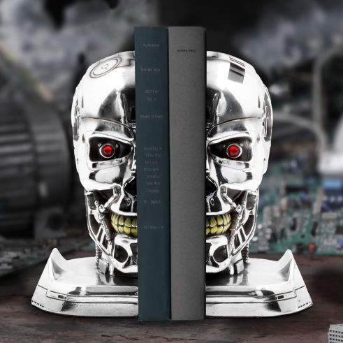Terminator 2 T-800 resin bookends with split metallic endoskeleton skull design