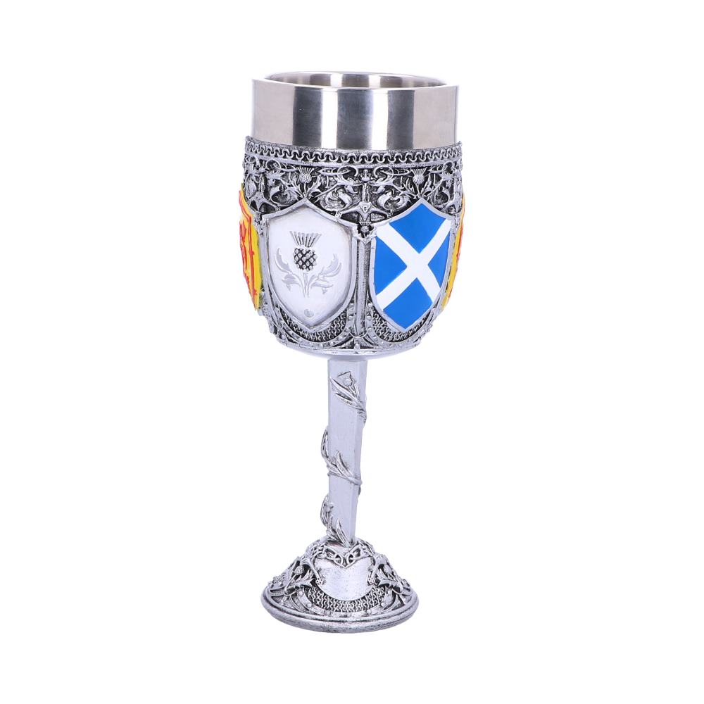 A decorated silver goblet stands; its cup features Scottish heraldry, above a vine-entwined stem and ornately-detailed base, against a plain white background.