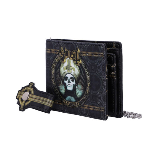 A black wallet features an ornate design with a portrait of a person in a headdress and makeup. The word "Ghost" is displayed above the figure. A chain is attached.