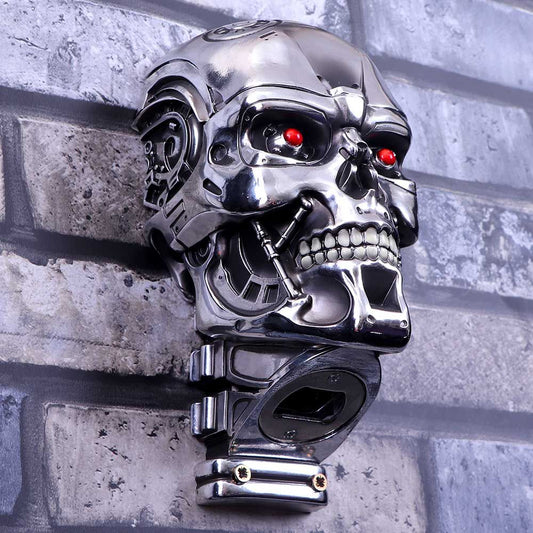 Terminator 2 T-800 skull wall-mounted bottle opener with metallic finish and glowing red eyes