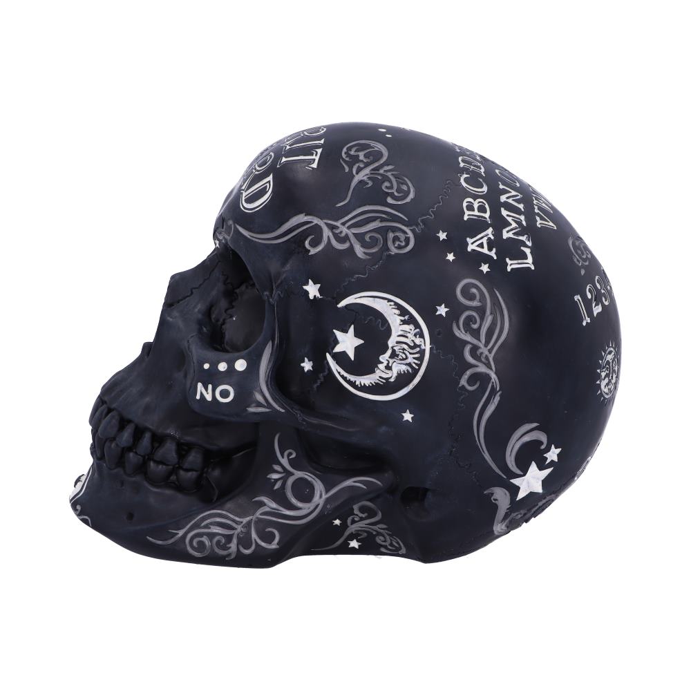 A decorative black skull features ornate white designs, including stars, a crescent moon, and text: “NO, YES, WELCOME TO THE OTHER SIDE, ABCDEF…VWXYZ, 123456, 12, 3, GOOD BYE.”