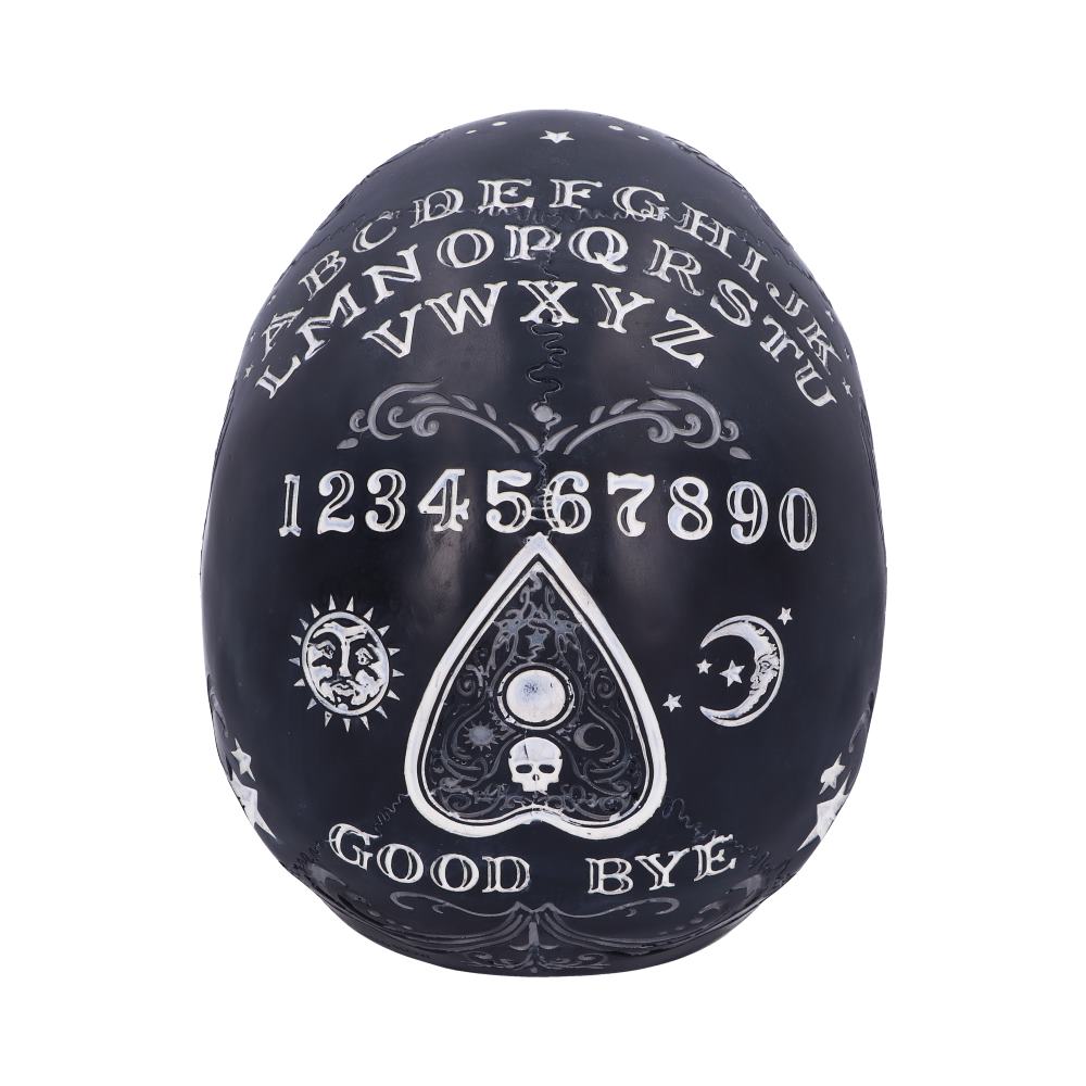 A black skull features white lettering and designs. The top shows the alphabet, numbers, a sun, a crescent moon, and symbols. The text reads: "GOOD BYE."
