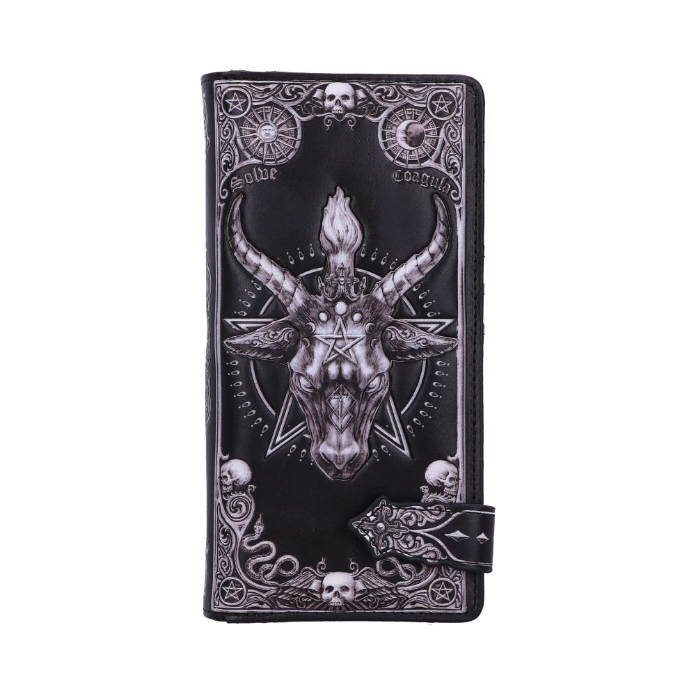 A black leather wallet displays a grey-scale image of a goat’s head within an ornate frame featuring skulls and pentagrams; the words “Solve” and “Coagula” are inscribed.