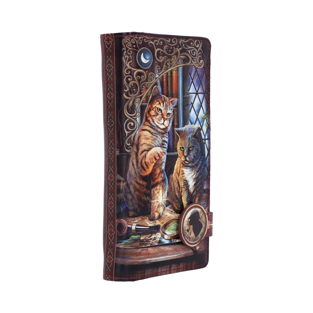A wallet displays two cats, a detective-themed painting, in front of a diamond-patterned window. The scene includes a pipe, map, and magnifying glass. A button reads "221b Baker St.".