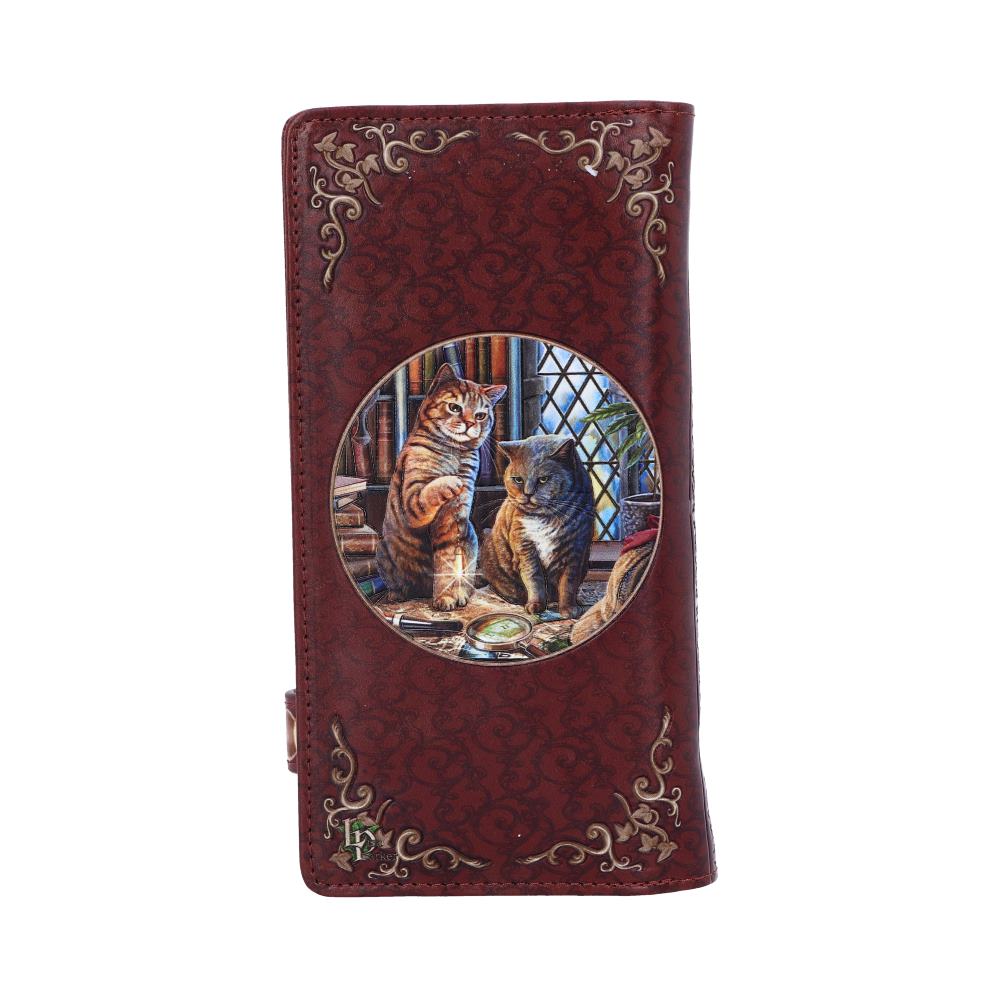 Burgundy wallet with a circular print depicts two cats sitting amongst books and a magnifying glass. The wallet has ornate, swirling designs at the corners.