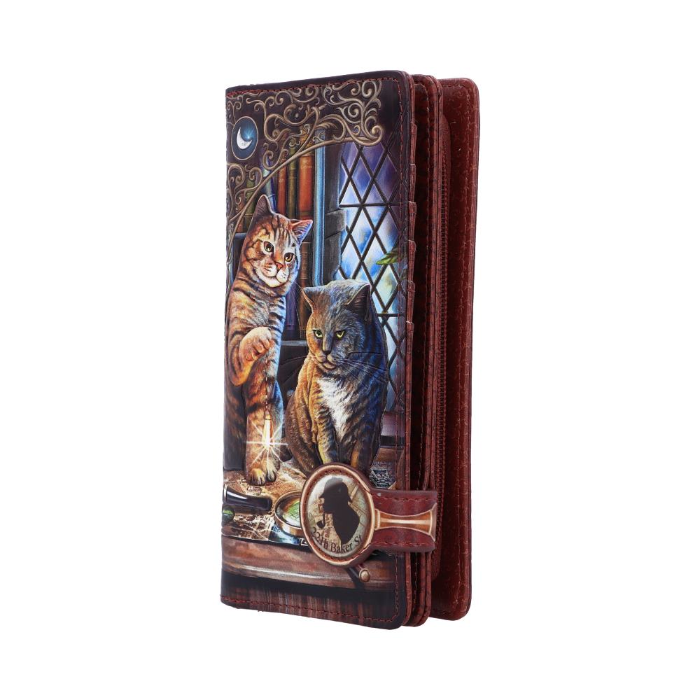 A wallet displays a decorative image of two cats sitting on a table near a window. A round emblem reads "221b Baker St.".