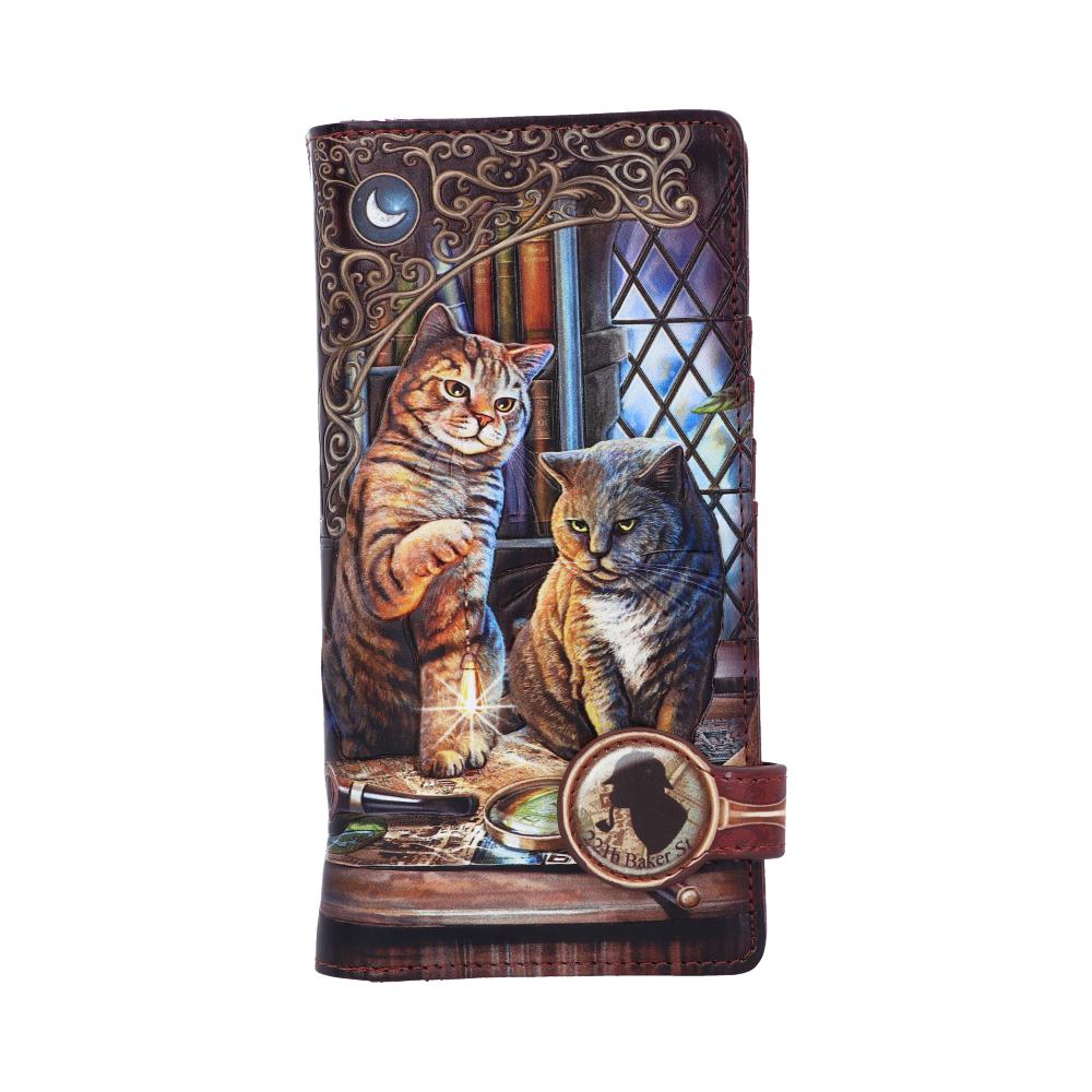 A rectangular wallet features two cats sitting on a table that has a monocle and newsprint. The clasp says "221b Baker St." The background includes books and a window with a moonlit sky.