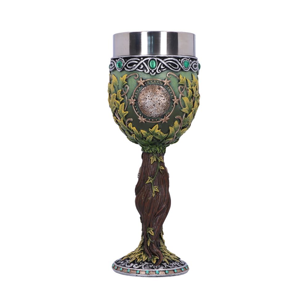 A metal-rimmed, green chalice stands against a white background. It's adorned with ivy leaves, gemstones, and a tree-branch stem.