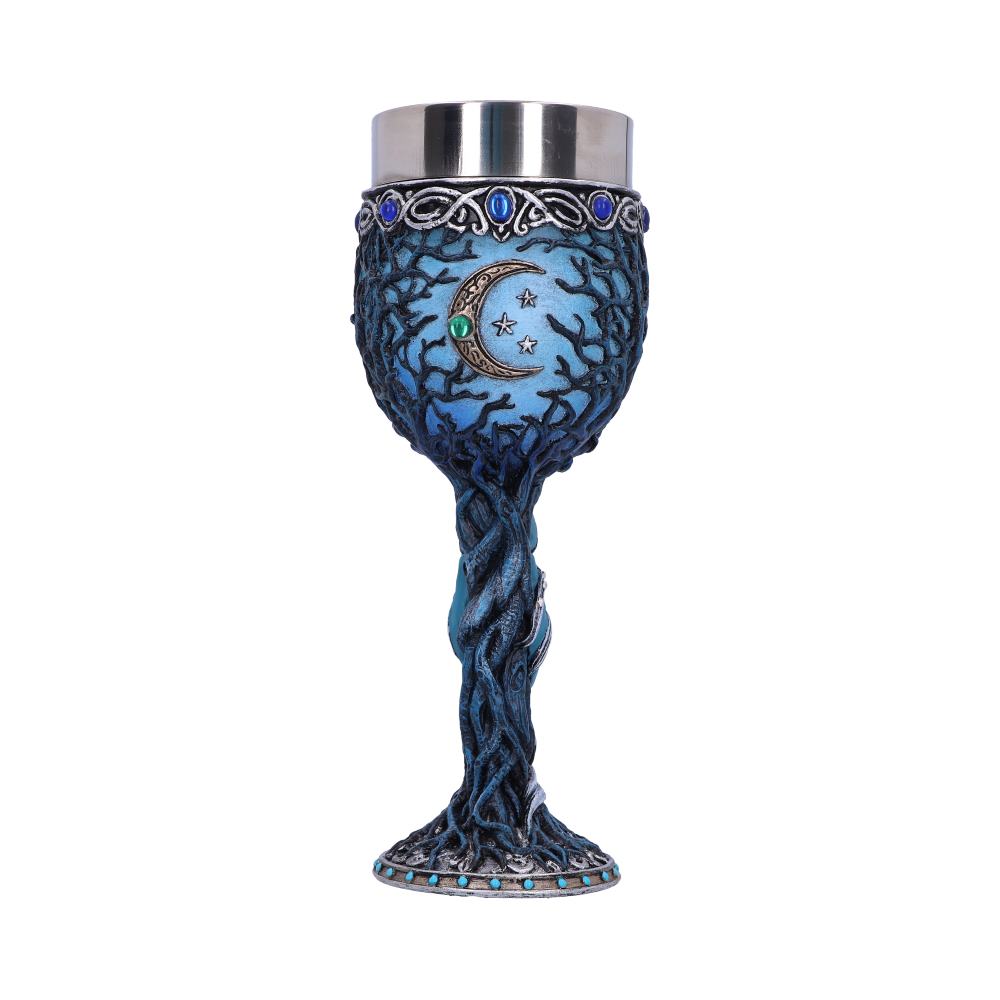 A blue and silver ornate goblet, styled like a gnarled tree, sits in a white space. The cup shows a moon and stars, and the base is lined with blue stones.