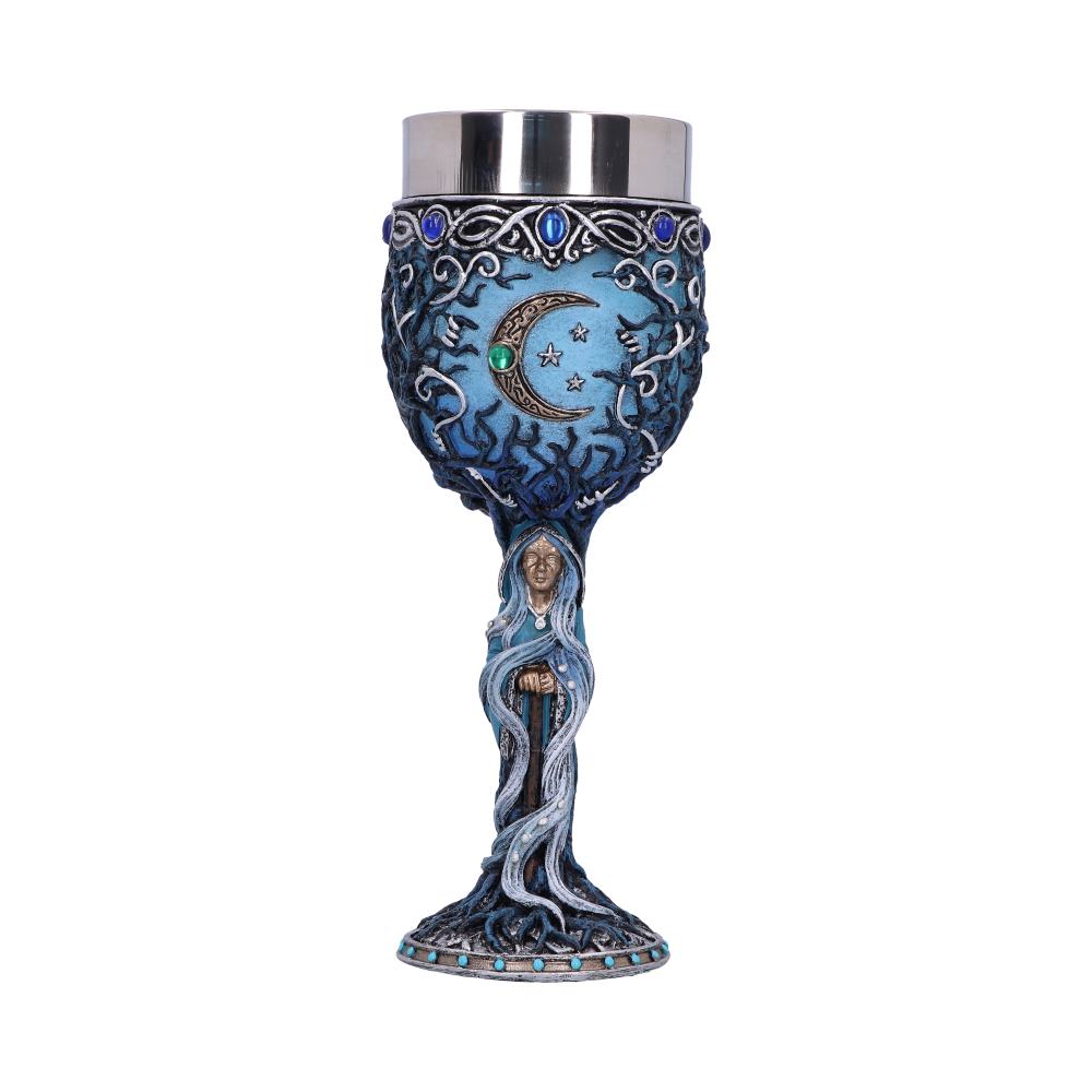 An ornate goblet sits upright. It features a moon and stars design, blue gemstones, and a sculpted figure of a woman with flowing hair that forms the stem. It is on a white background.