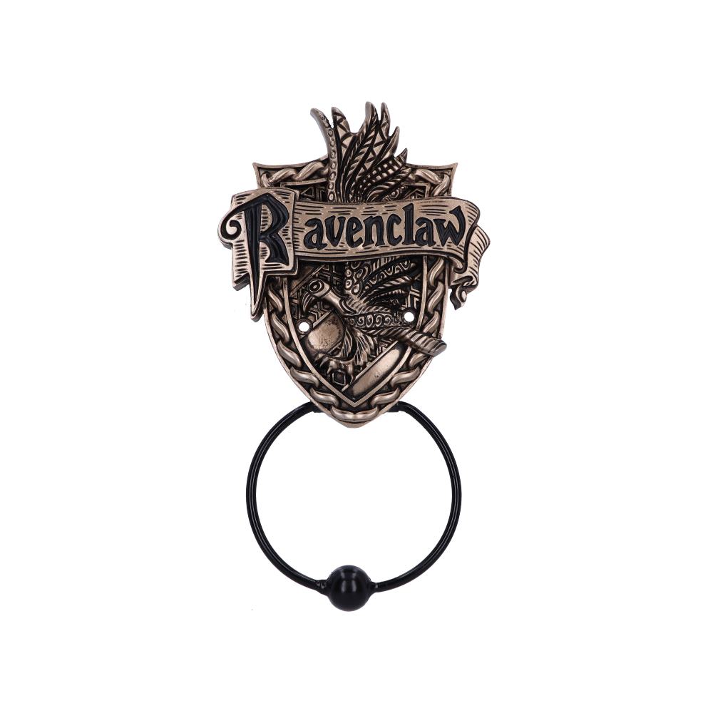 Ornate bronze door knocker featuring the word "Ravenclaw" on a crest with an eagle, wand, and book, encircled by a decorative pattern, set against a plain background.