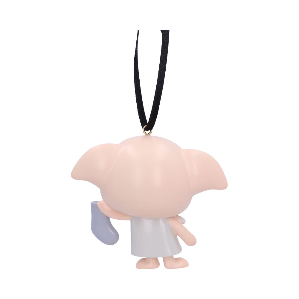 A small, elephant-eared figurine with a pale pink color holds a gray sock, suspended by a black ribbon against a plain white background.
