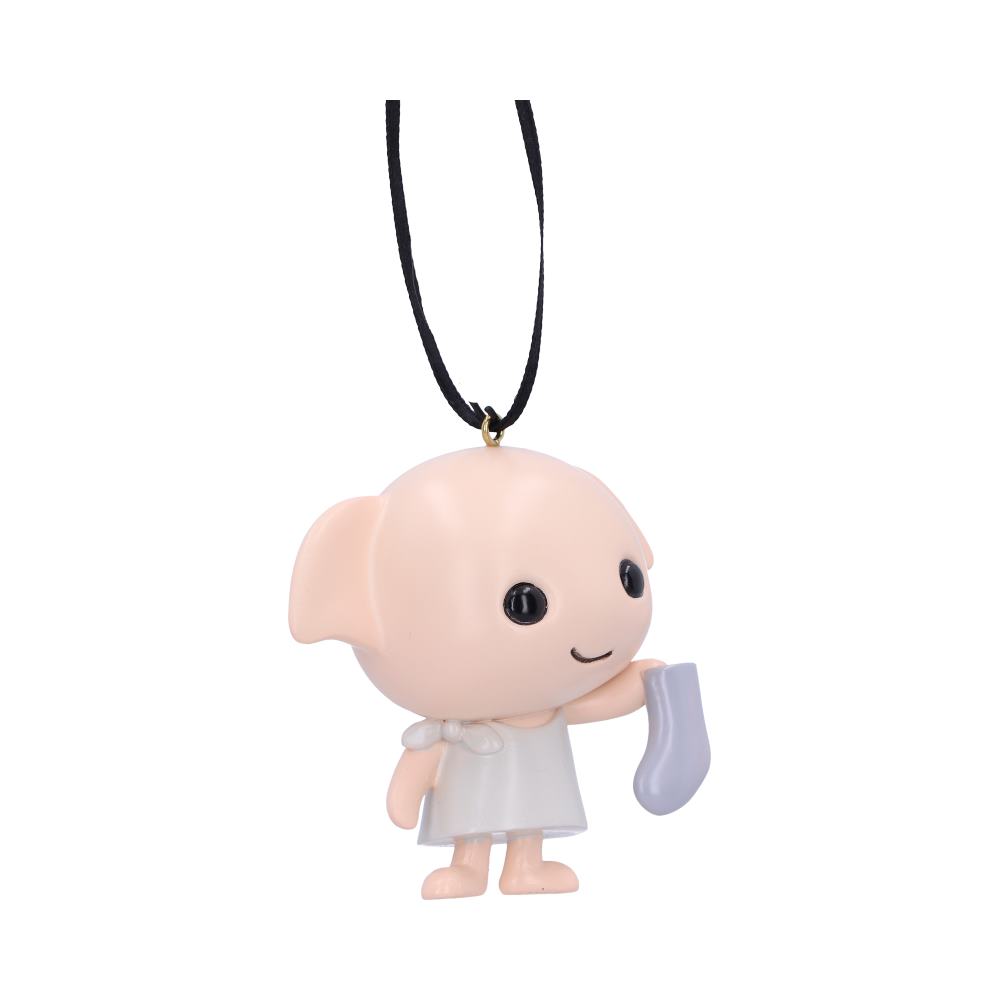 A small, beige, character-shaped pendant with large ears holds a gray sock. It wears a simple white garment, suspended by a black string against a plain white background.