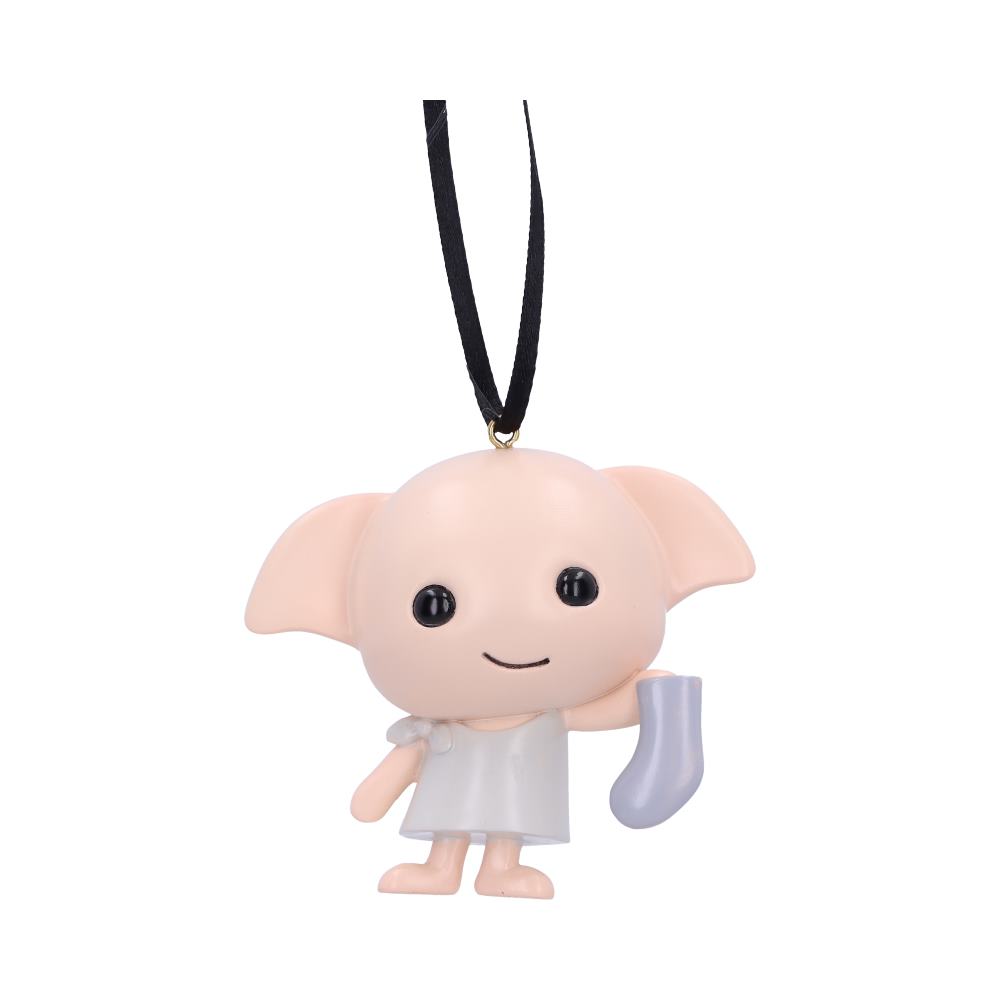 A small, smiling figure with large ears holds a gray sock while hanging from a black ribbon against a white background, wearing a simple white outfit.