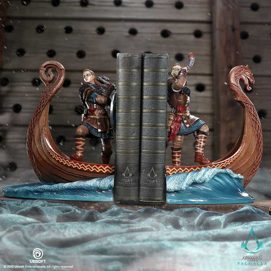 Assassin’s Creed Valhalla bookends by Nemesis Now with Eivor standing on two halves of a Viking longship