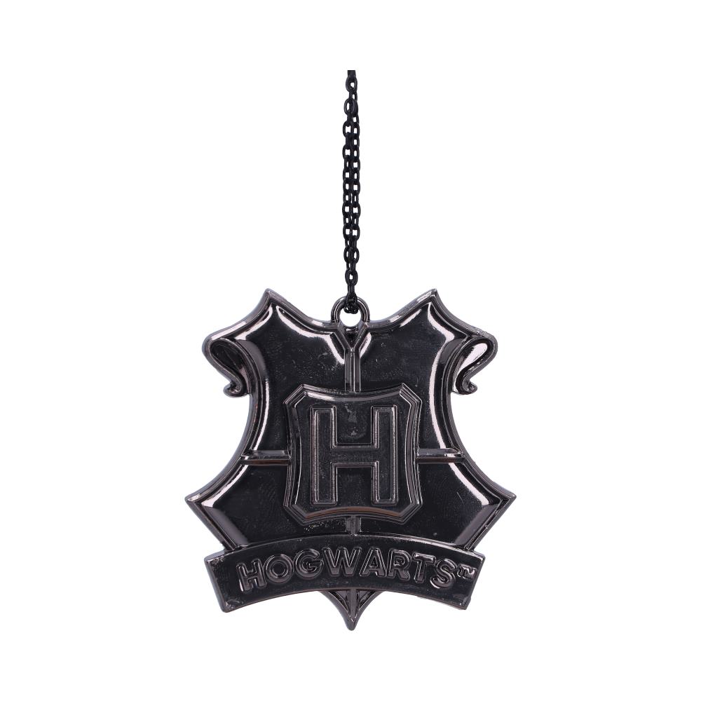 A metallic pendant with an "H" emblem is hanging from a chain. The word "HOGWARTS" is inscribed below, surrounded by an ornate border.