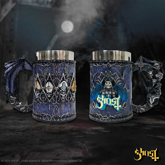 Ghost Papa Emeritus Evolution Tankard – resin tankard depicting the evolving Papa Emeritus figures from band Ghost, hand-painted collector piece UK.