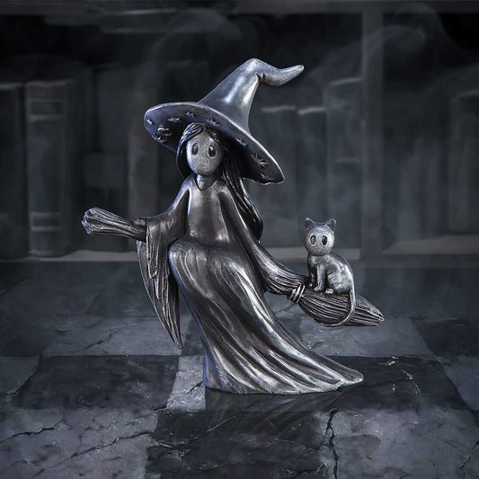 Beam Little Souls Witch Figurine by Nemesis Now - Hand-Painted Witch Ornament Flying on a Broomstick with Black Cat
