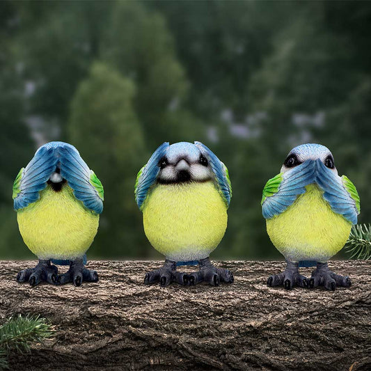 Three Wise Blue Tits Figurines – hand-painted resin bird trio in see no evil, hear no evil, speak no evil poses