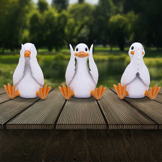 Three Wise Geese Figurines – hand-painted resin goose trio in see no evil, hear no evil, speak no evil poses