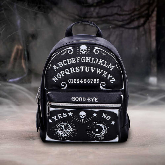 Spirit Board Backpack – gothic PU mini backpack with talking-board design, alternative witchy fashion UK.